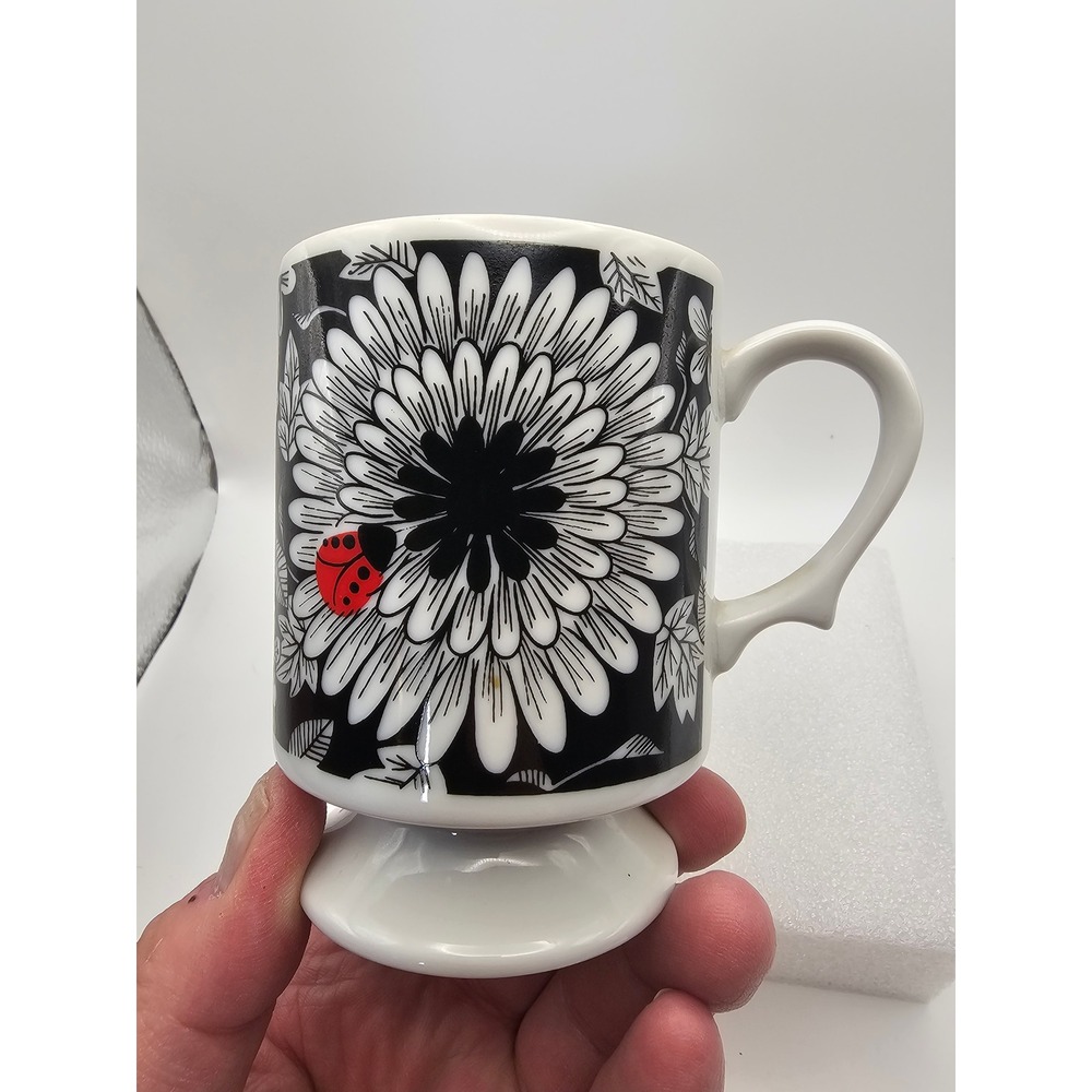 Spotlight Japan R.6742 Footed Coffee Mug Black White Floral Ladybug Vintage Cup